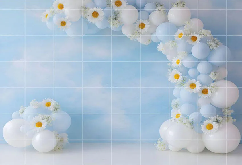 Mehofond التصوير خلفية أزرق أبيض ديزي الأزهار بالون الاطفال عيد ميلاد كعكة سحق صورة ديكور خلفية استوديو الصور