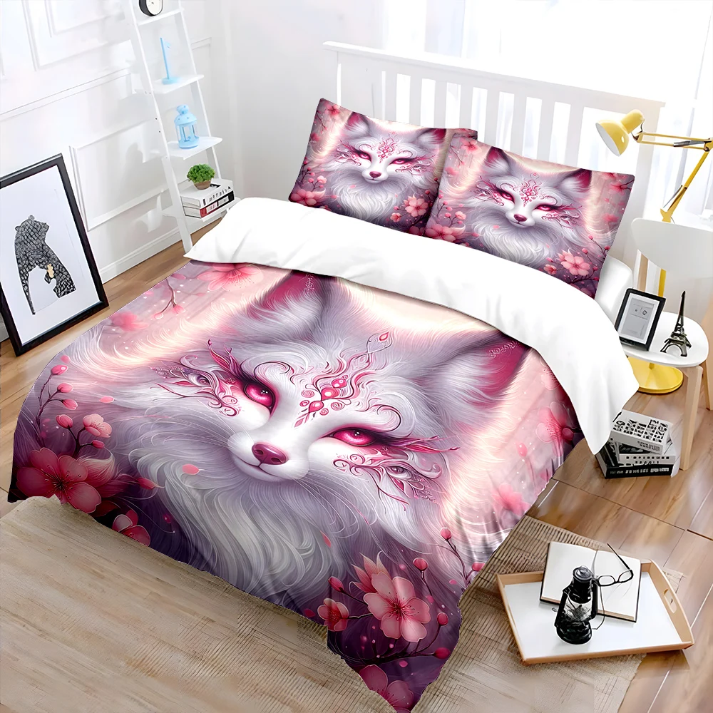 Pink-adorned white fox and cherry blossoms Pattern Duvet Cover Set Digital Print Colorful Polyester Bedding with Zipper Closur