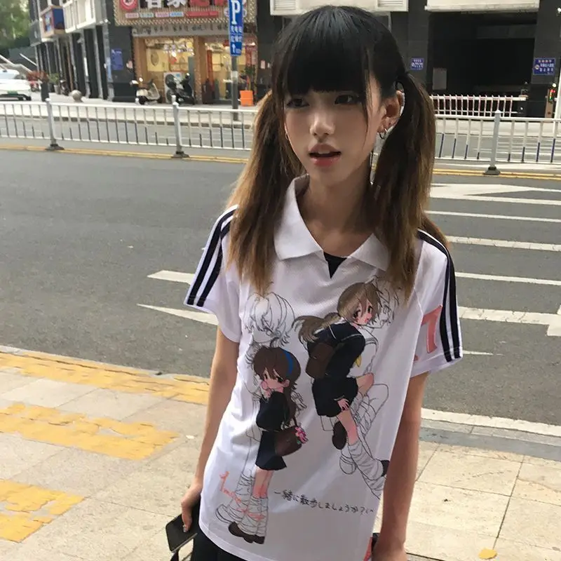 

Onalippa Light Yafeng Polo Collar Jersey Summer Anime Printing Tight Waistband Hot Girls Short Sleeved T-shirt Subculture Shirt