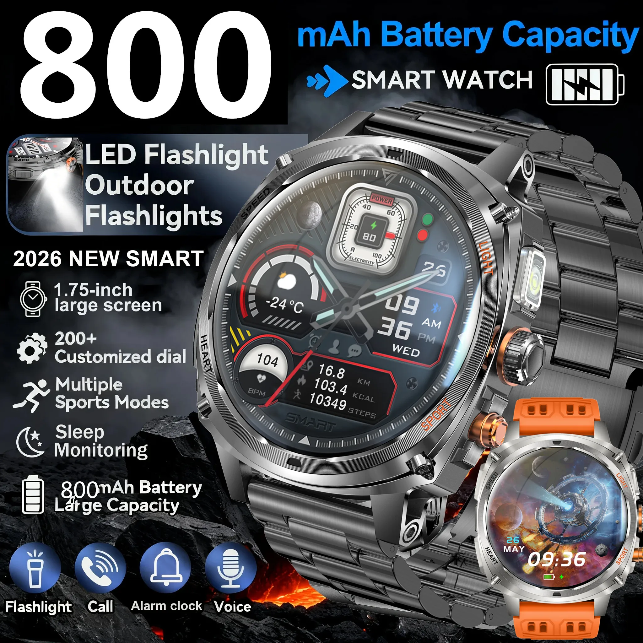 

Новые умные часы с батареей 800 мАч, 1,75-дюймовым экраном, водонепроницаемостью IP68, функцией Bluetooth-звонков и LED-фонариком для мужчин, идеально подходят для занятий спортом на открытом воздухе.