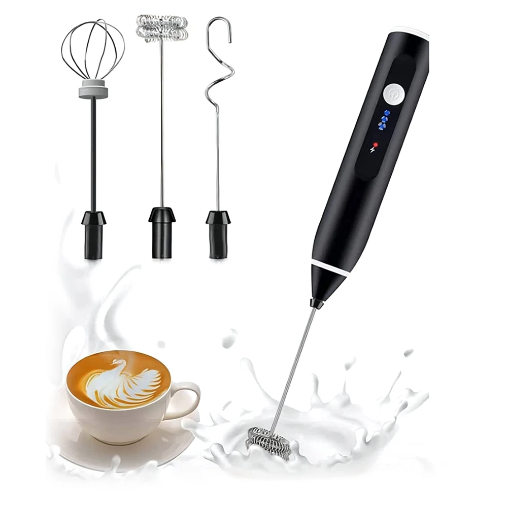 Handheld Electric Milk Frother Whisk Egg Beater USB Rechargeable Coffee Blender Household Milk Shaker Mixer Foamer Black