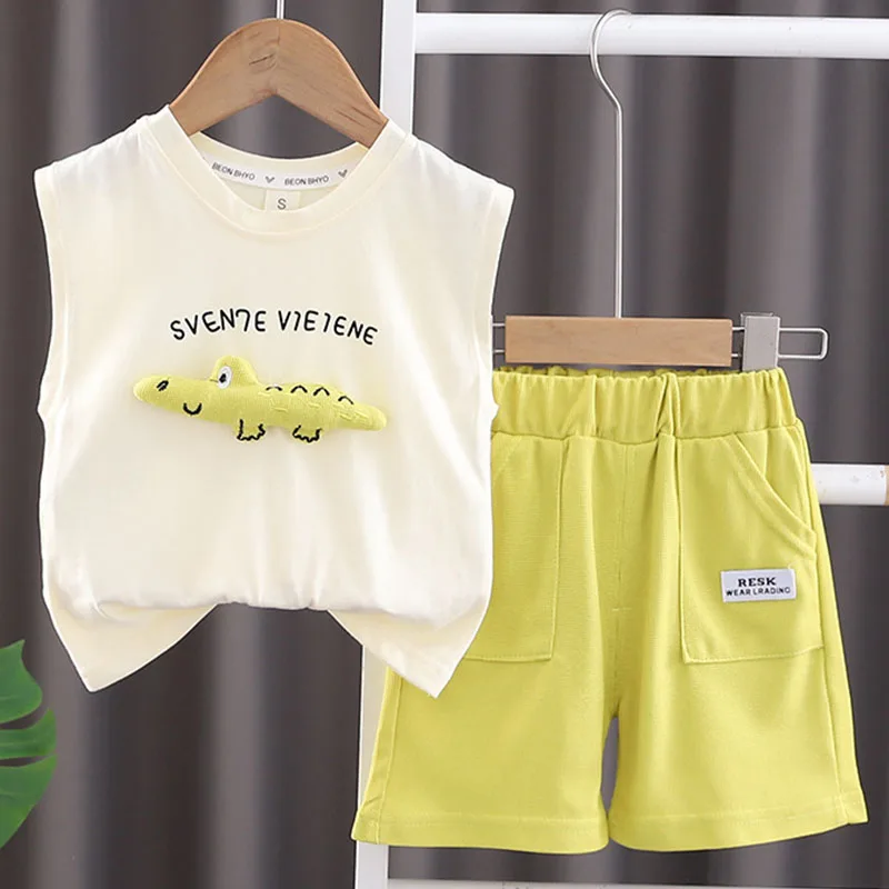 

2Piece Summer Boys Outfit Set Korean Casual Cartoon Cute Letter Sleeveless Cotton Baby Tops+Shorts Kids Boutique Clothing B132