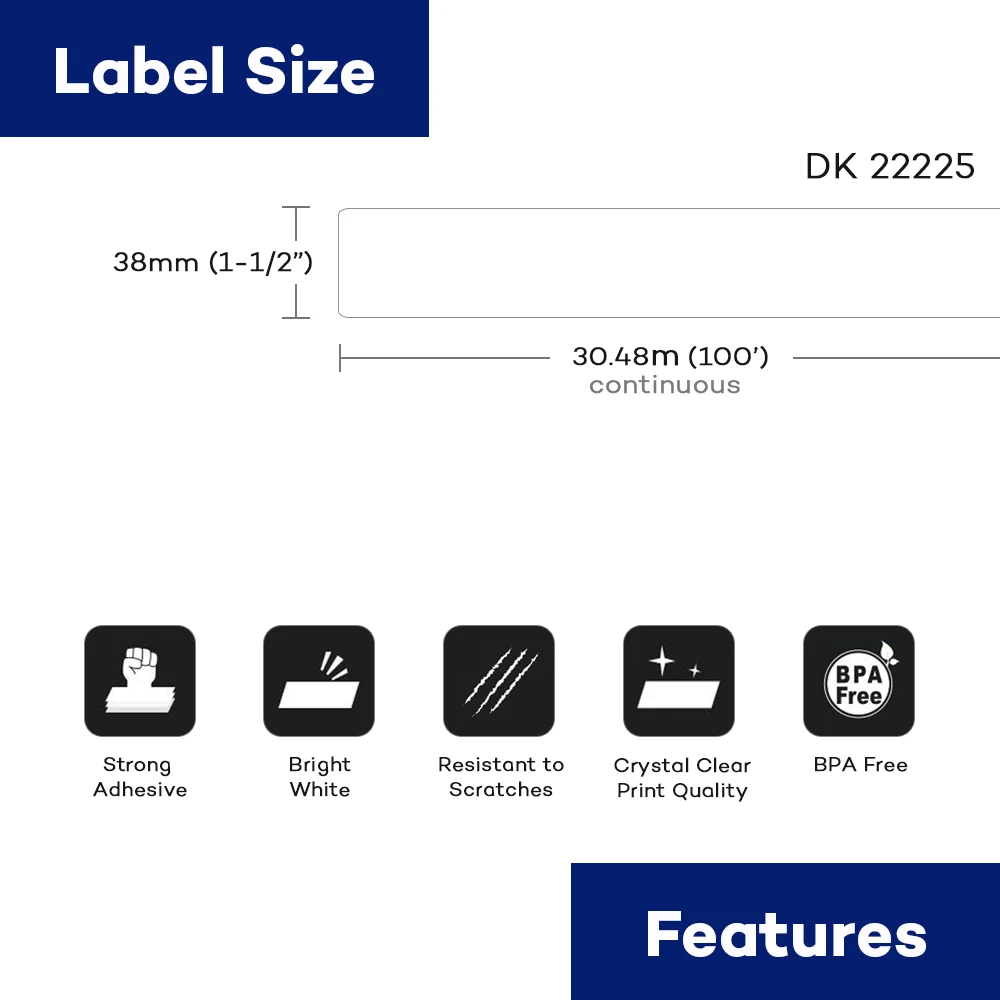 DK-22225 Label 38mm*30.48m Continuous Compatible Brother Label Printer DK22225 for QL Label Printer QL-500 570 Labeling Machine