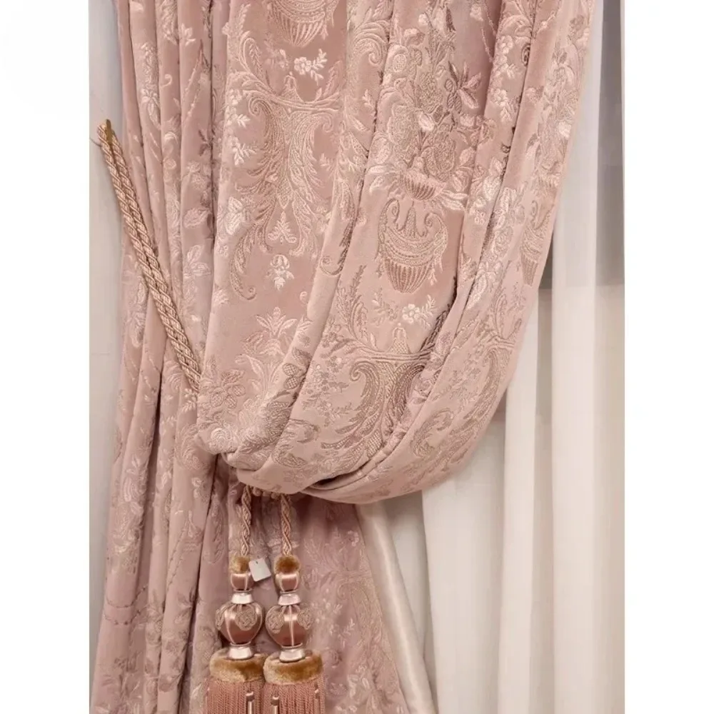 American Retro Pink Velvet Curtains for Living Room Bedroom Luxury Embroidered High-end Custom European Style High Window Decor