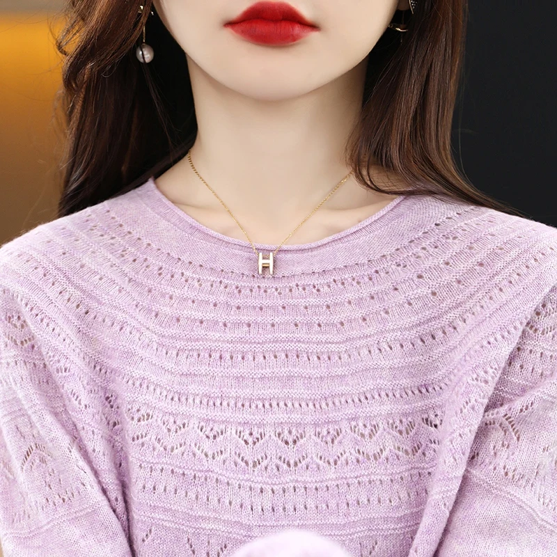 2023 Autumn New 100% Pure Wool Knitted Pullover Women\'s O-Neck Long-Sleeved Sweater Female Fashion Hollow Out Women\'s Shirt