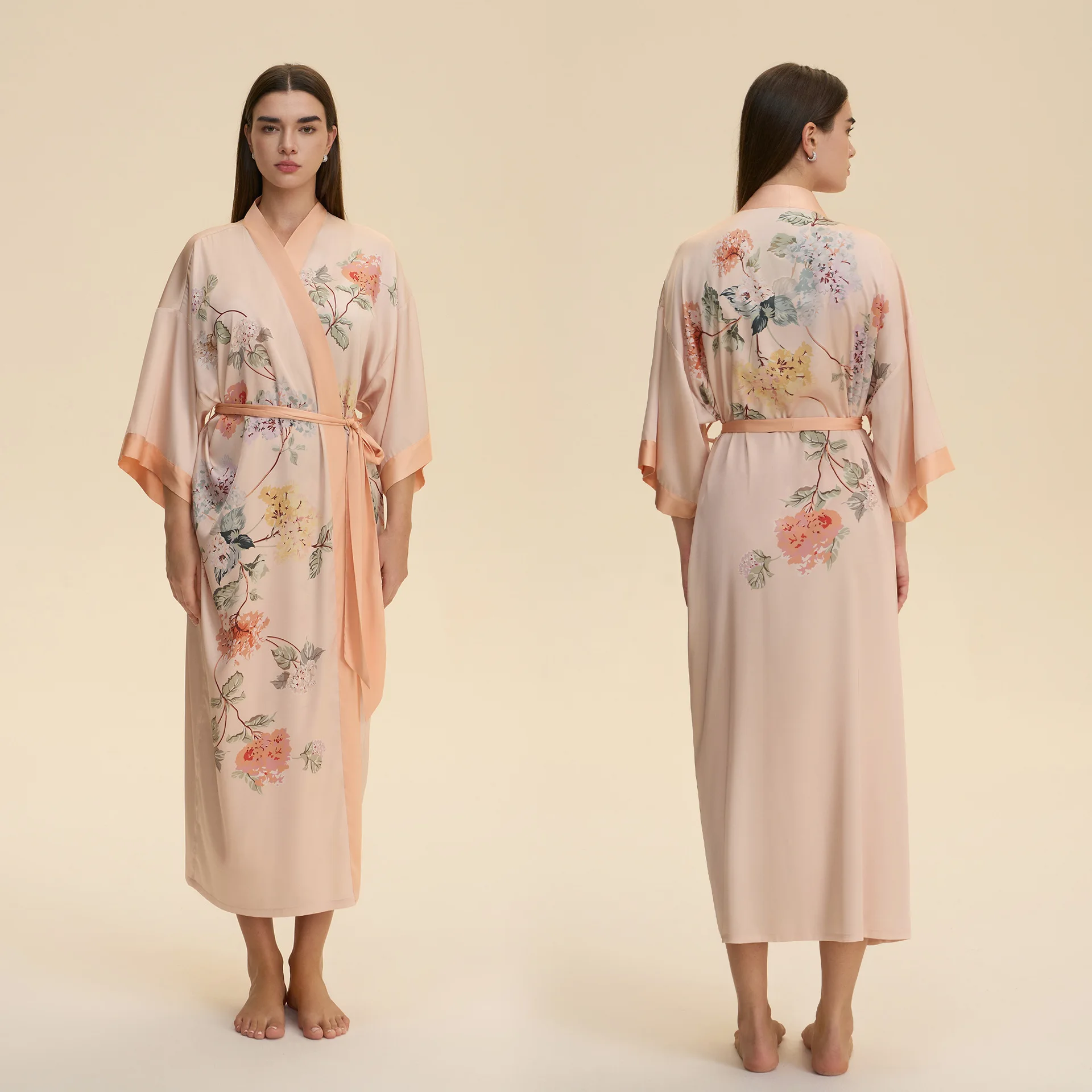 Women's Long Robe Nightwear Print Floral Kimono Bathrobe Spring Summer Satin Sleepwear Homewear 6