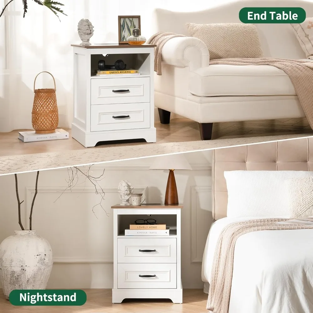Farmhouse Nightstand with Charging Station, Wood Night Stand Set 2, 2 Drawer Nightstands Set of 2, Bedside Table with Storage, R