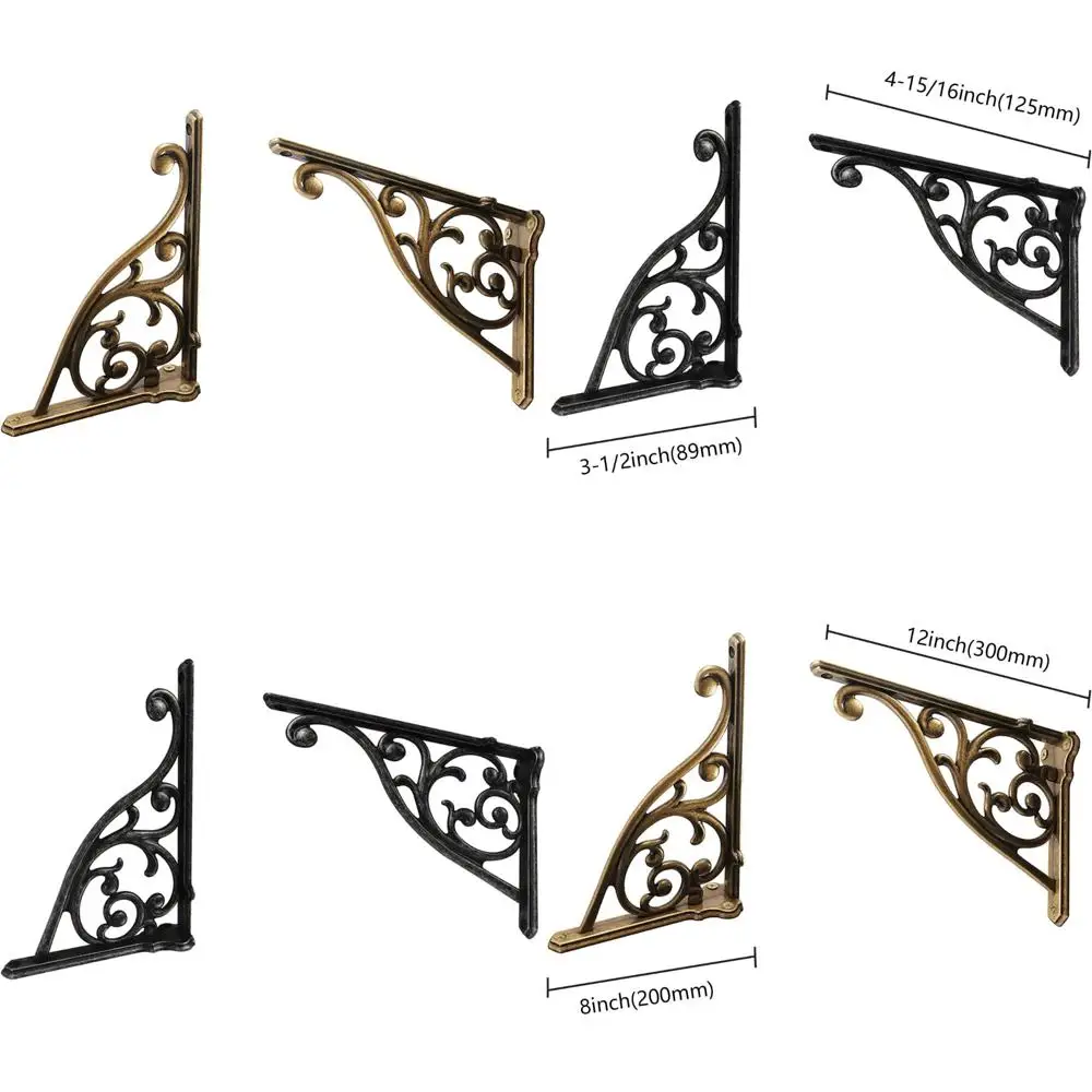 

Heavy Duty Antique Brass Wall Brackets for 12 Inch Shelves, 4 Pack, Right Angle Support, Decorative and Sturdy V-Shape Brackets