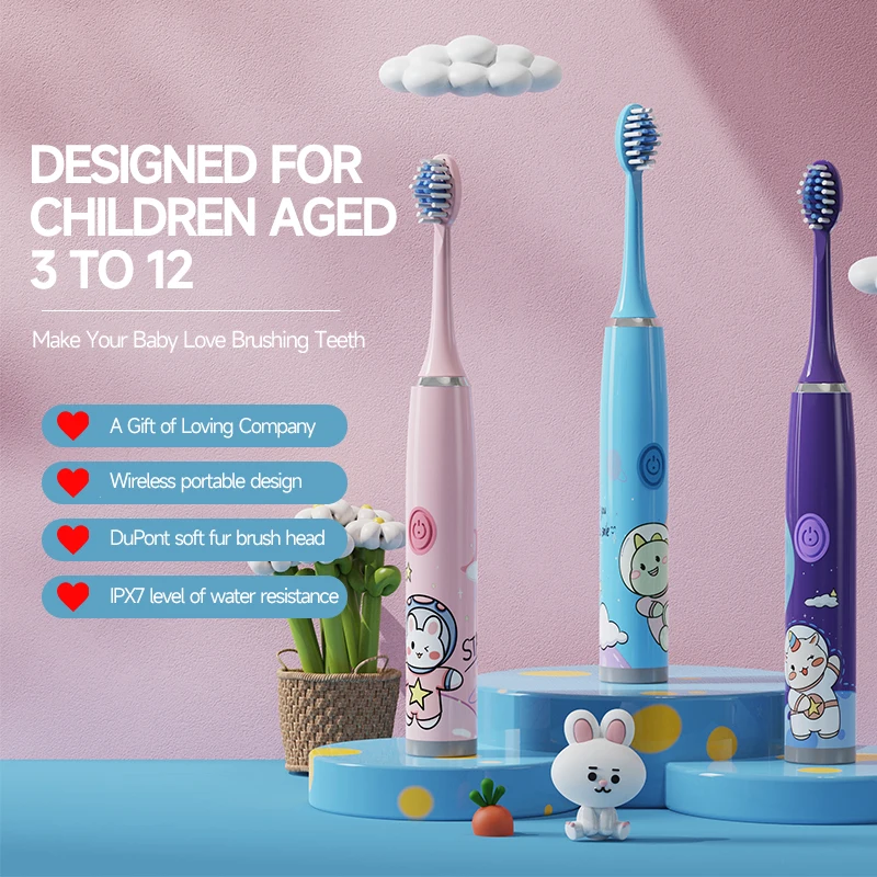 Kids Sonic Electric Toothbrush, Colorful Cartoon, Battery Powered Waterproof Toothbrush with Extra Replacement Brush Heads