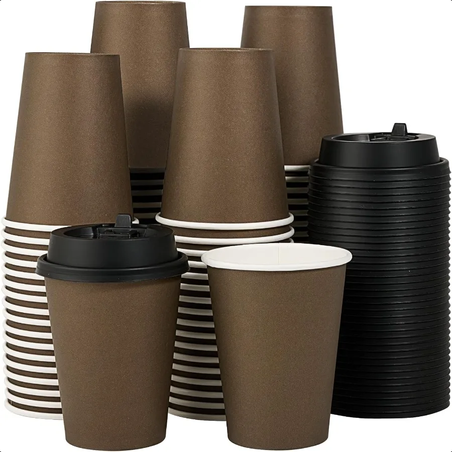 

100 Pack 12 oz Paper Coffee Cups with Lids for Coffee Water Juice or Tea Brown Hot Paper Cups for Home Restaurant Store and Ca