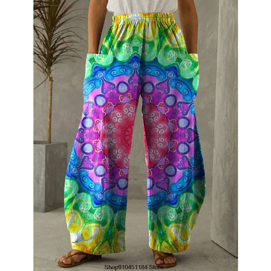 Printed Wide Leg Pants Vintage High Waist Trousers 3D Colorful Tie Dyeing Style Side Pocket Design Loose Casual Wide Leg Pants