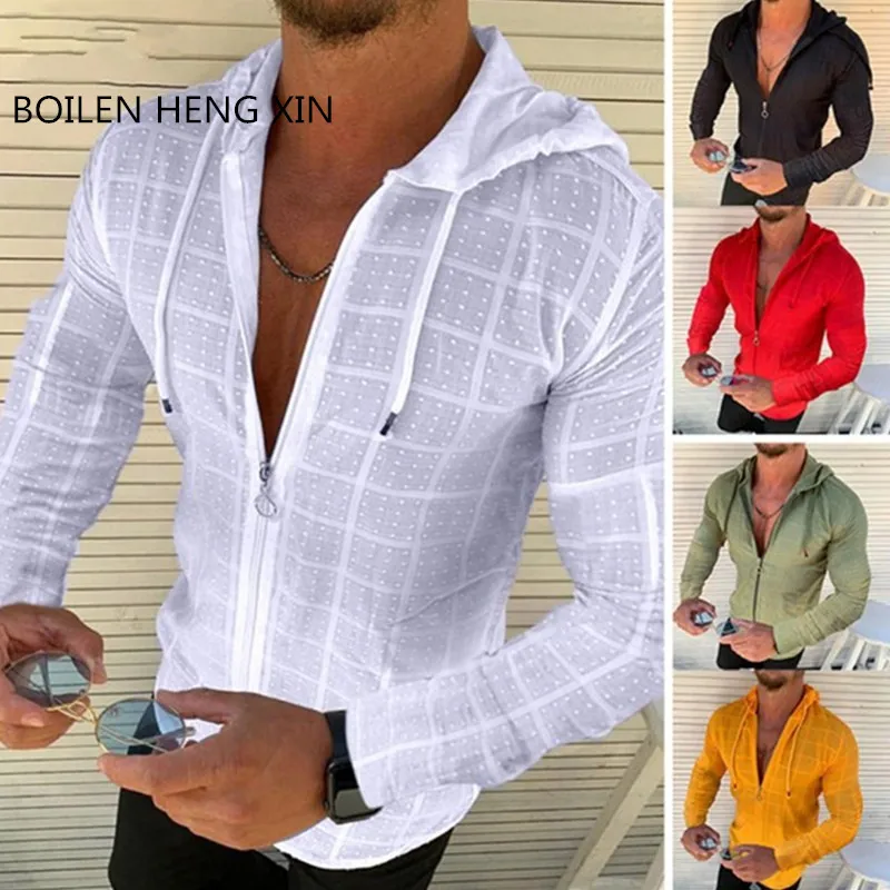 

Men's long sleeve hoodie cotton polyester check sun-protective clothing sports persona insl outdoor beach fashion men's wear