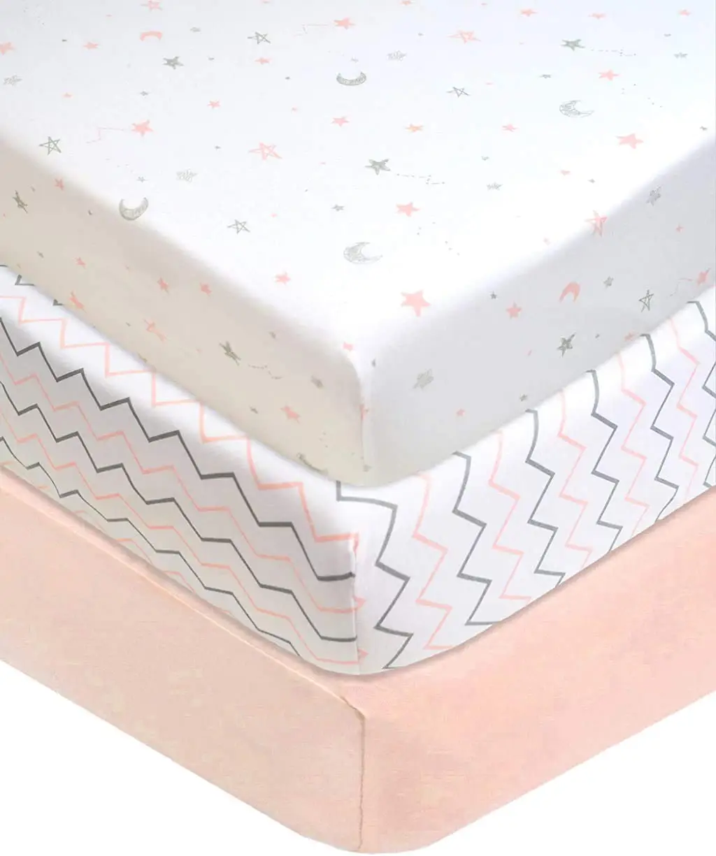 

3 Pack 100% Cotton Fitted Crib Sheets, 52" x 28", Soft & Breathable for Baby & Toddler Beds, Neutral Pink Star/Zigzag Design