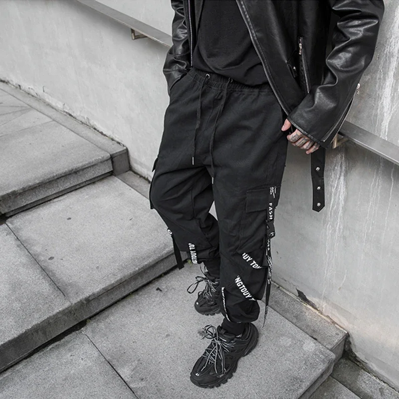 HOUZHOU Techwear Cargo Pants Men Joggers Black Cargo Trousers for Men Jogging Japanese Streetwear Hip Hop Hippie Gothic Ribbon