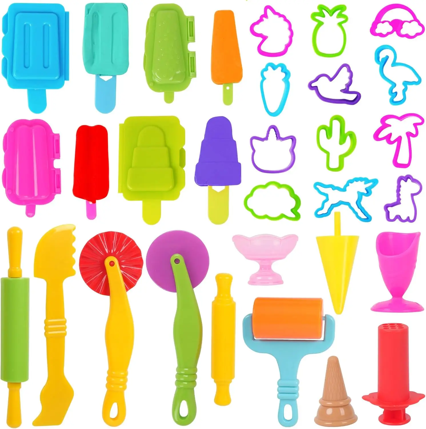

31-Piece Dough Play Tools Set for Kids - Summer Animal Cutters, Ice Cream Molds, Extruder - Clay Accessories (Random Colors)