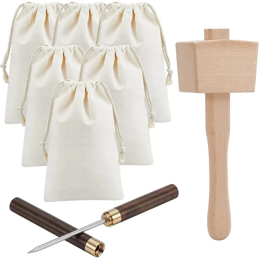 8Pcs Lewis Bag and Ice Mallet Set Reusable Canvas Crushed Ice Bags with Wooden Handle Hammer 304 Stainless Steel Ice Picks Wood