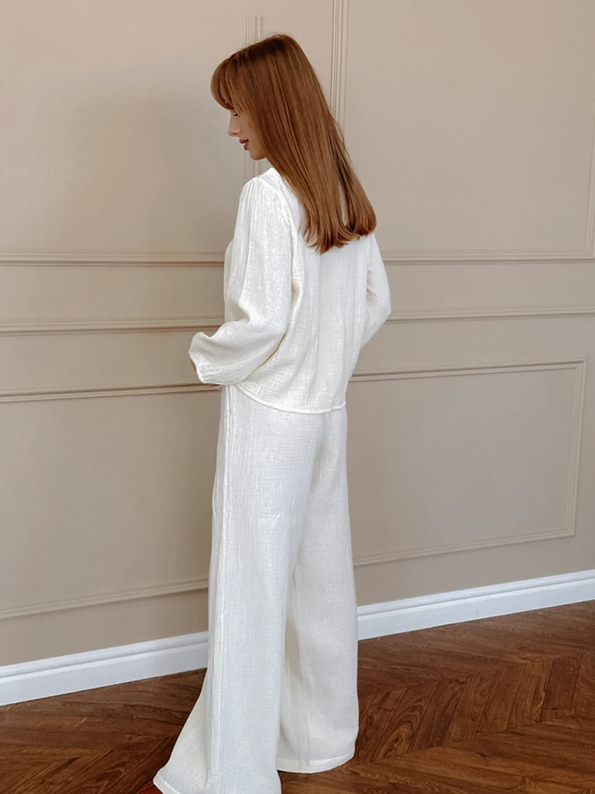 Marthaqiqi Cotton Ladies Nightgowns 2 Piece Suit V-Neck Pajamas Long Sleeve Nightwear Lace Up Nightie Pants Casual Home Clothes