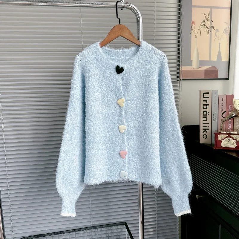 الحب زر تصميم سترة مشغولة من الصوف المرأة الجديدة لطيف كسول نمط لينة جولة الرقبة سترة الخريف الشتاء مجموعة جديدة فضفاضة #2