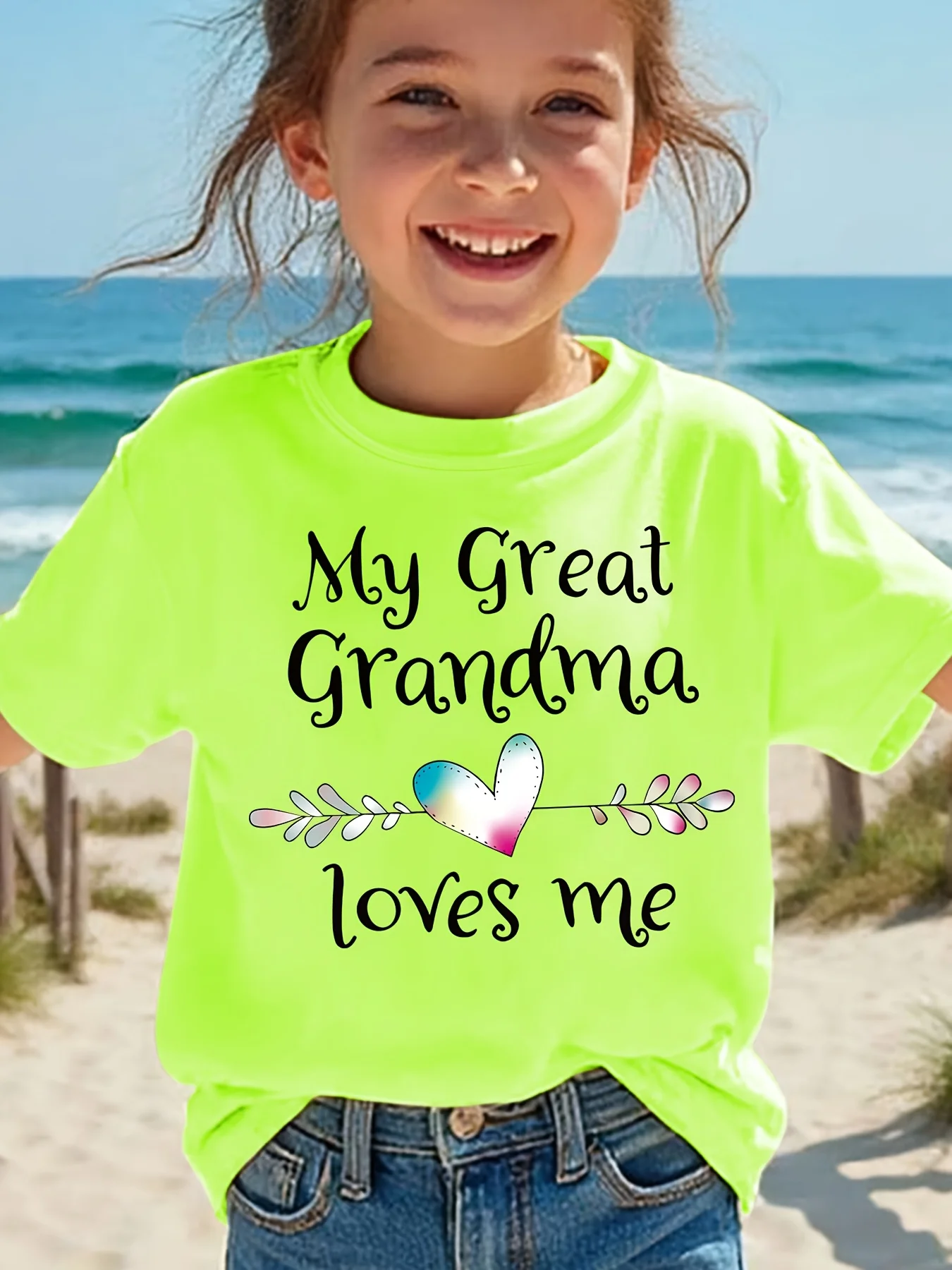 Girls Tee My Great Grandma Loves Me Color Gradient Heart Leaf Print Soft Cotton Kids Sweet Casual Parent-child T Shirt