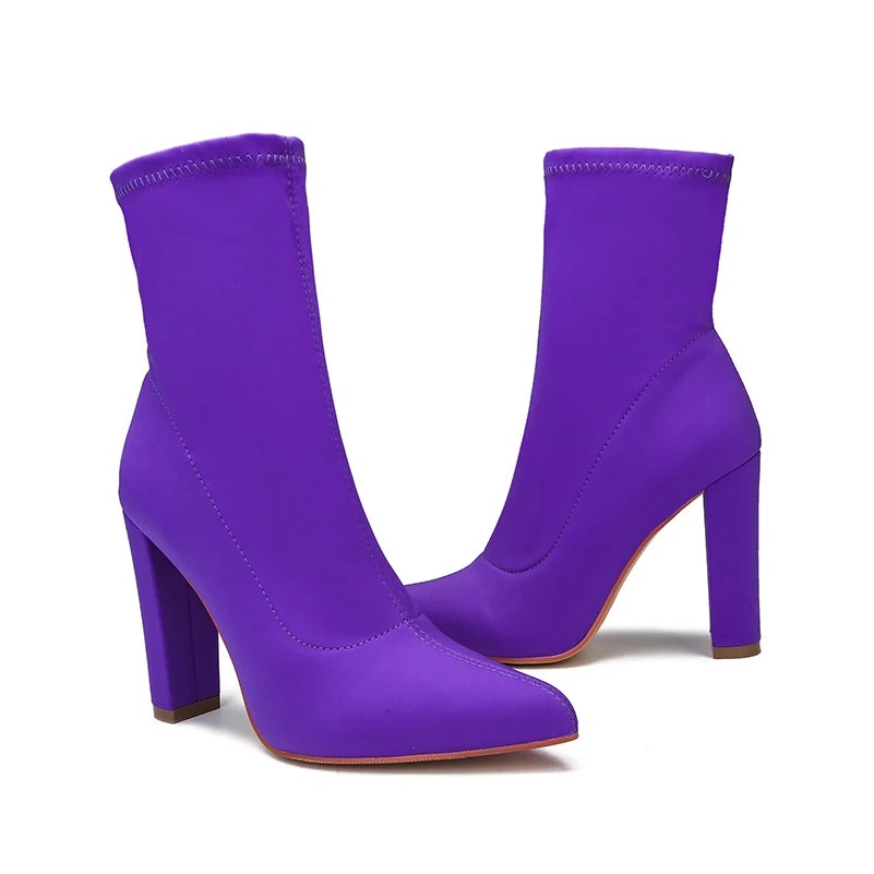 Neon Green Purple Stretch Lycra Boots Block High Heels Slip On Elastic Socks Boots Woman Pointed Toe Fluorescent Ankle Boots