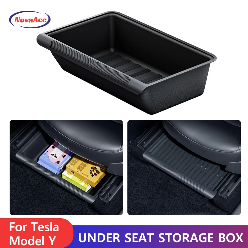 

NovaAcc Under Seat Storage Box for Tesla Model Y Underseat Hidden Centrol Console Organizer with Cover Car Accessories