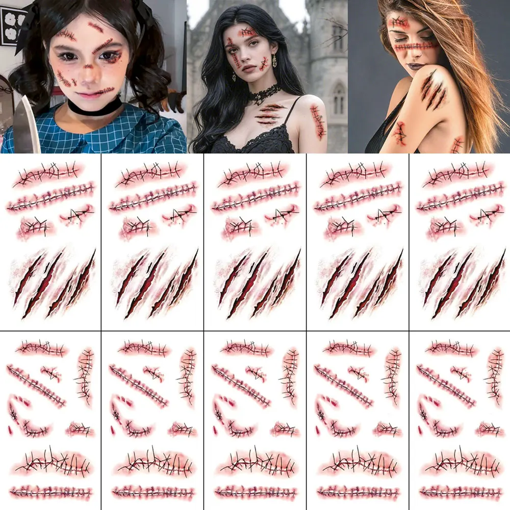 

10 шт., водостойкая временная татуировка на Хэллоуин, наклейка с травмами крови, шрам, боди-арт, рука, поддельные татуировки, рукава для женщин и мужчин