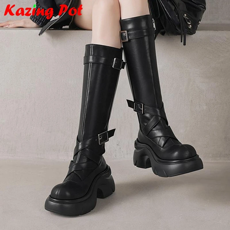 كرازينغ بوت البقرة انقسام الجلد جولة تو سميكة القاع منصة شارع العليا الأزياء المدرسة البريطانية مشبك معدني شيك الفخذ أحذية عالية #1