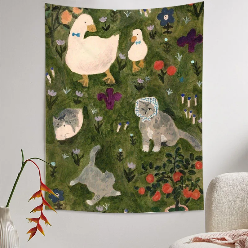VIKAMA Cute Flowering Nature Tapestry Cat Swan Meadow Soft Cute Wind Tapestry Bedroom Living Room Cosy Ambience Home Decor