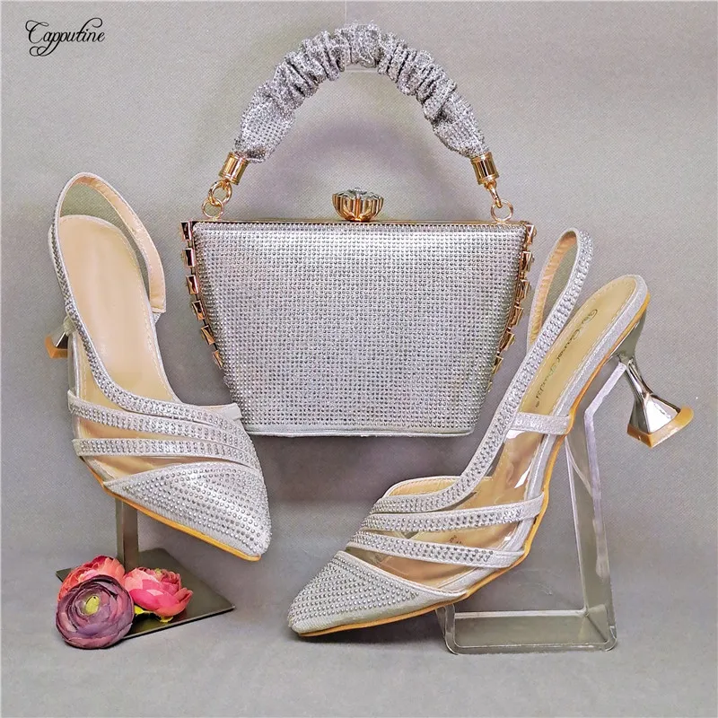 

Silver Shoes And Bag Set For Woman Italian Design African Pumps Purse Ladies High Heels Sandals Match With Handbag MD2824