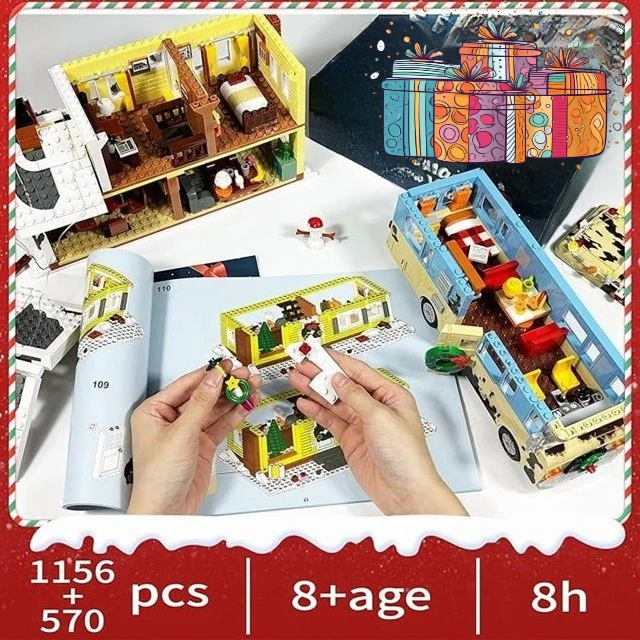 Snow Village& RV Building Blocks Kit with LED Lights,2 in 1 Christmas House and Car Model Toys Gifts for Boys and Girls(1726PCS)