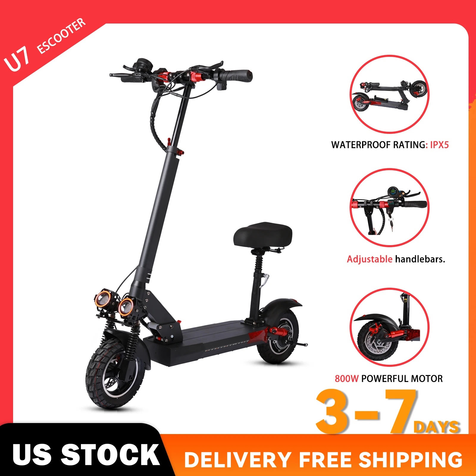 

800W Foldable U7 Adult Electric Scooter with Seat, 10'' Off-road Tires, 48V 15Ah Battery, Dual Suspension Commuting E-scooter