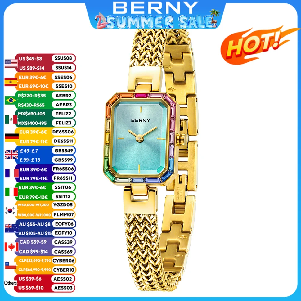 

BERNY Gold Women's Watch Jewelry Wristwatch Luxury Colorful Stone Bracelet Set Quartz Minimalist Multicolor Small Ladies Watches