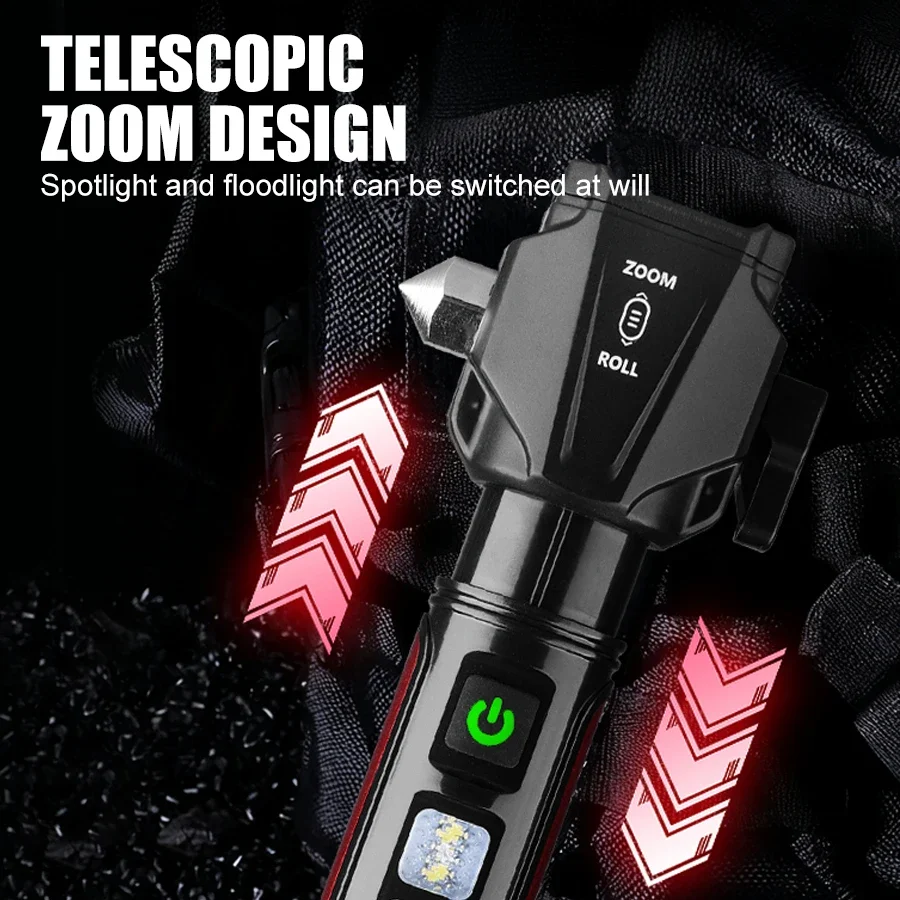 مصباح يدوي 5 في 1 تكتيكا lLED مع مطرقة أمان وقاطع حزام الأمان، ستروب SOS، معدات نجاة قابلة لإعادة الشحن للدفاع عن EDC في الهواء الطلق