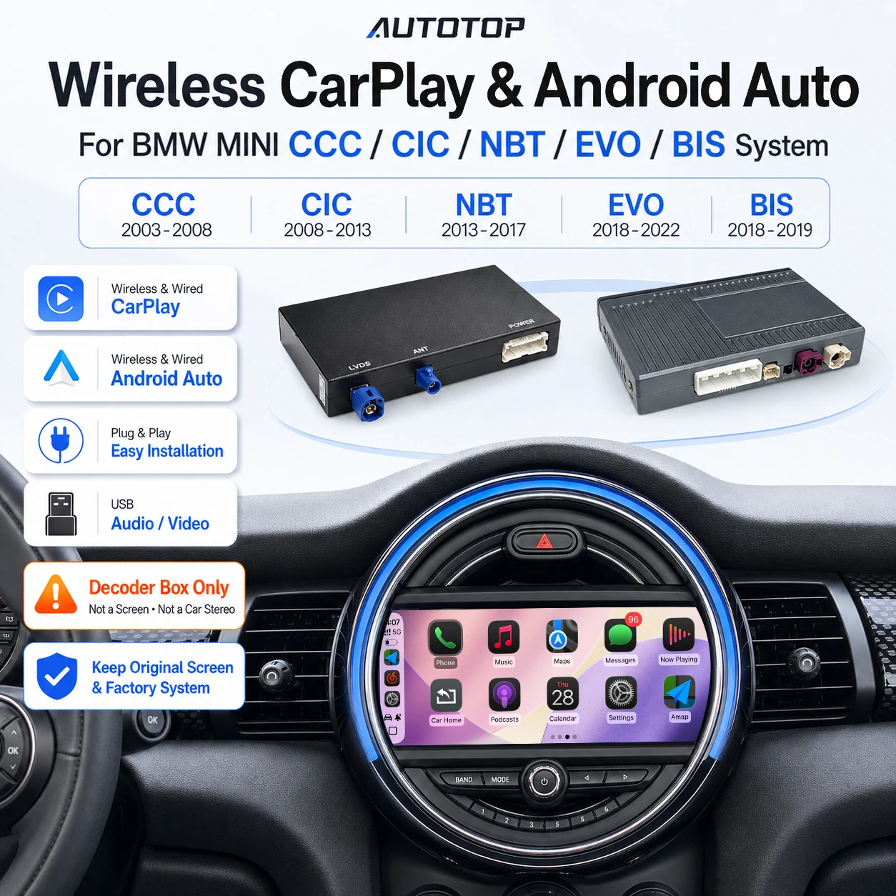 AUTOTOP Wireless Apple CarPlay Android Auto Decoder Box for MINI Cooper One Hatch Clubman Countryman Cabrio F54 F55 F56 F57 F60 CCC CIC NBT EVO Original Screen Retrofit Interface AirPlay MirrorLink