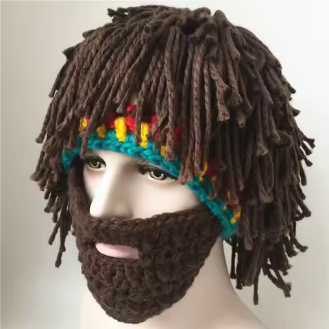 Handmade Crochet Dreadlock Beard Hat - Funny Novelty Wig Cap for Men Women Cosplay Party