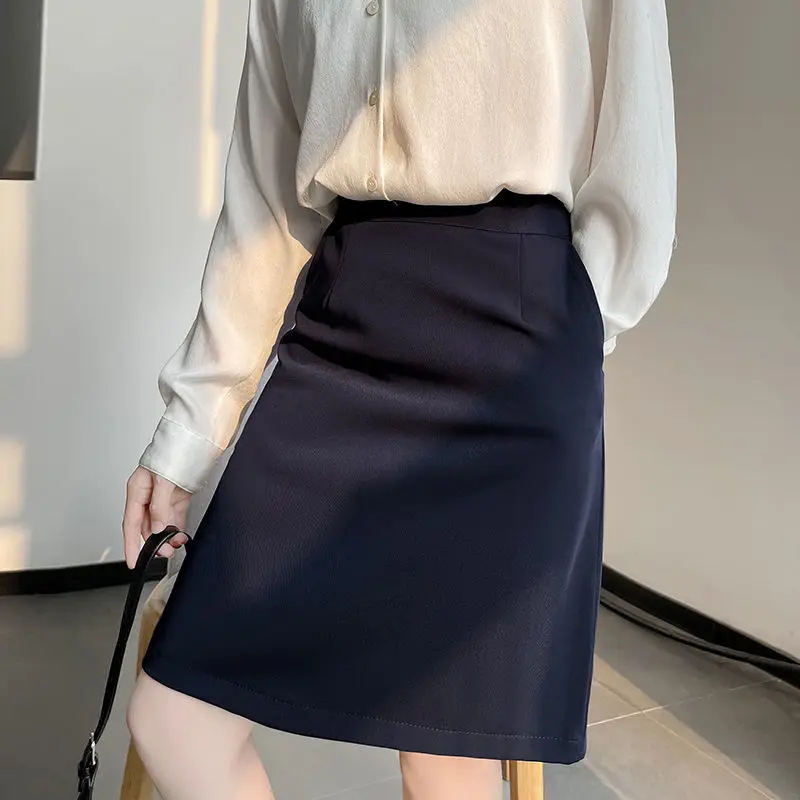 Saias femininas avental de algodão retalhos saia alargamento cafeteria workwear retro utilitário bolso moderno mulher madura escritório wear