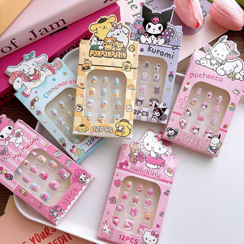 

12PCS Sanrio Cartoon Nail Stickers Cute Hello Kitty Cinnamoroll Wearing Armor for Children Halloween Accessories Christmas Gifts