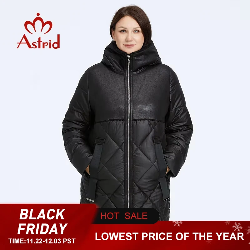 Astrid-Casaco acolchoado com capuz grosso feminino, jaquetas biológicas longas, design de costura, parka plus size, inverno, 2023