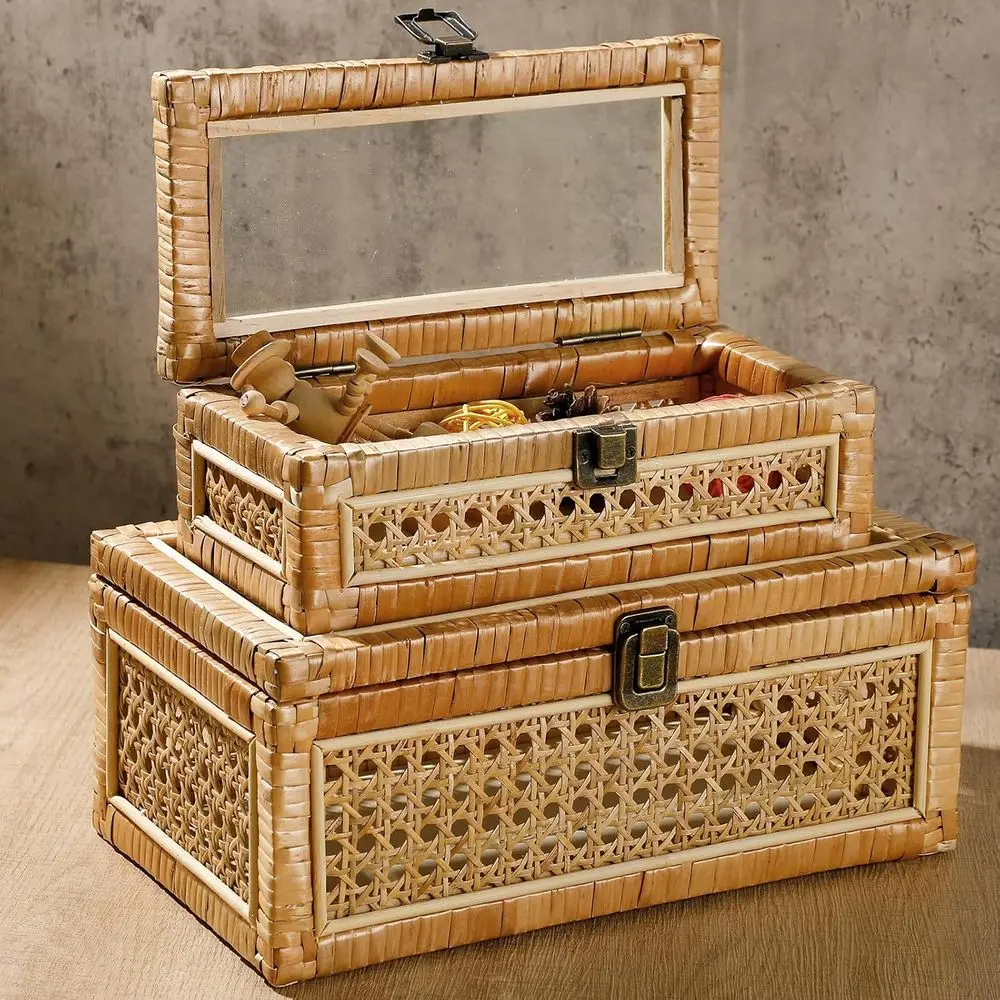 

Pair of Rectangular Rattan Storage Boxes with Glass Lids - Bohemian Style for Home Decor and Organization