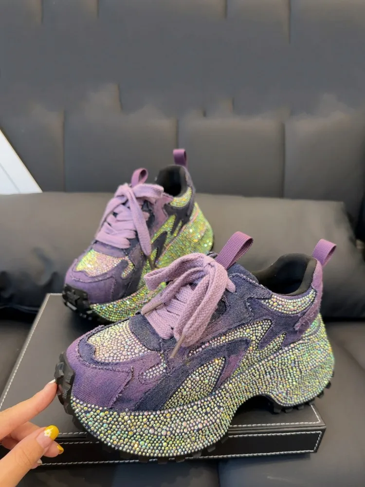 Comfortable Lady Sequin Diamond Lace Up Denim Spliced Mesh Height Increasing Thick Platform Pumps Casual Sneakers Fashion Shoes view 2