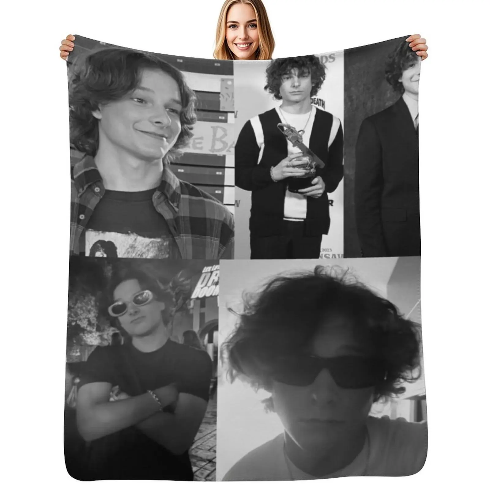 

Black And White Mason Thames Collage 3 Throw Blanket wednesday heavy to sleep Furry Thin Blankets