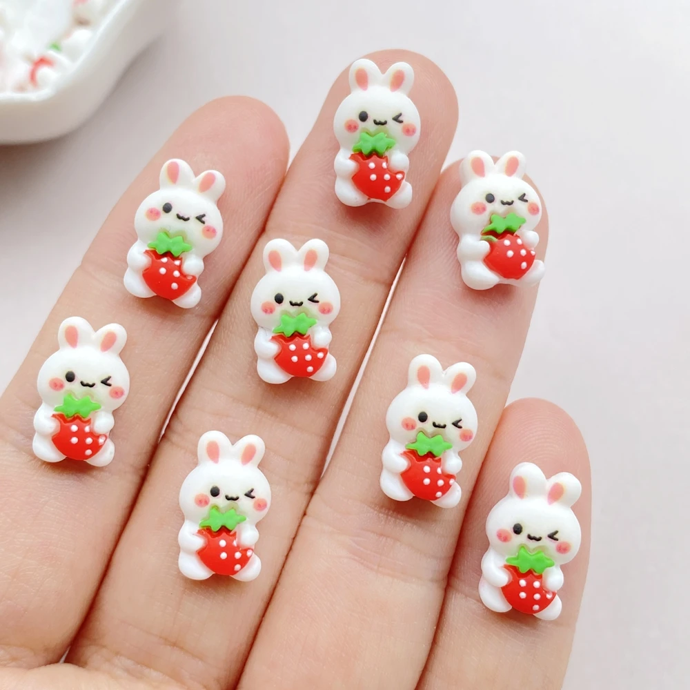 30Pcs Cute Mini Cartoon Strawberry Rabbit Nail Art Resin Designer Charms DIY Craft For Nail 3D Decorations Jewelry