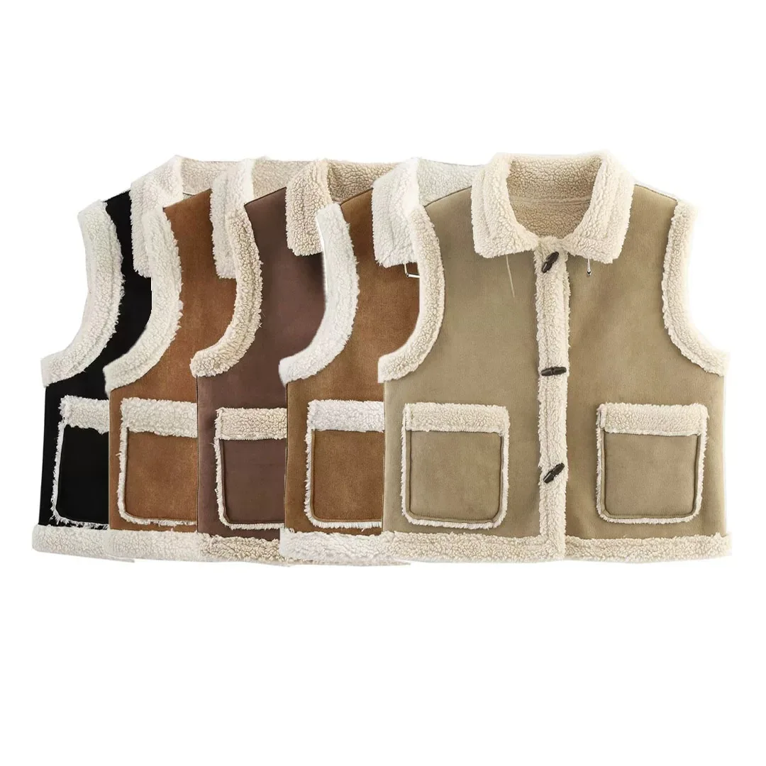 

ZBZR Autumn New Women's Faion Lamb Fur Suede Vest Collar Motorcycle Sle Svel Furry ort Length Single Button