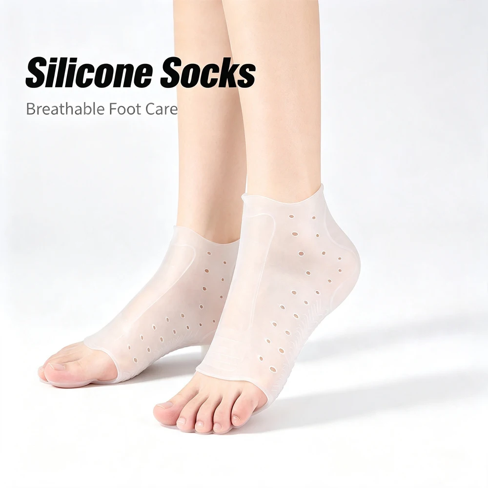 1Pair Deep Moisturizing Silicone Gel Foot Socks, Breathable Open-Toe Lightweight Fit with Non-Slip Sole for Dry Feet Rescue