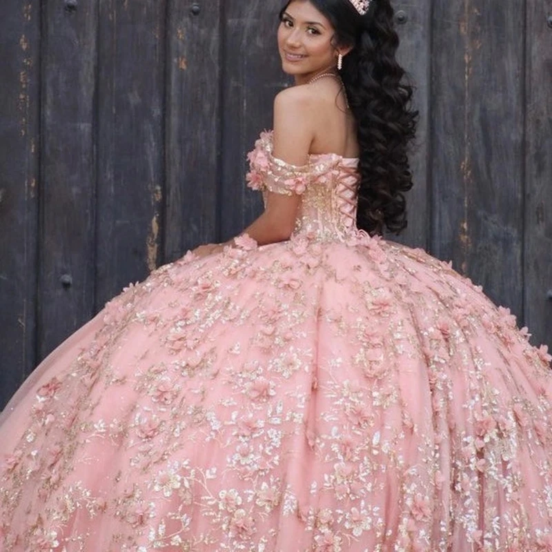 Pink Princess Quinceanera Dresses Off the Shoulder 3D Flower Applique Lace Corset Cinderella Prom Birthday Lace-up Sweet 16Dress