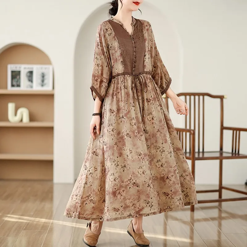 Women Casual Long Dress New Arrival 2024 Summer Vintage Style V-neck Floral Print Loose Comfortable Female A-line Dresses B3711