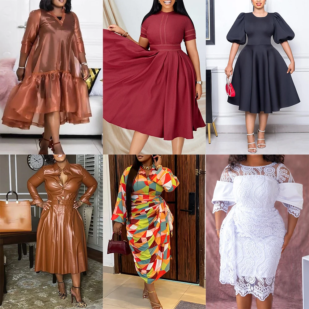 Plus Size Semi Formal Midi Dresses Casual Brown Fall Winter V Neck 3/4 Sleeve Flounce Organza Knee-length Soft Midi Dresses