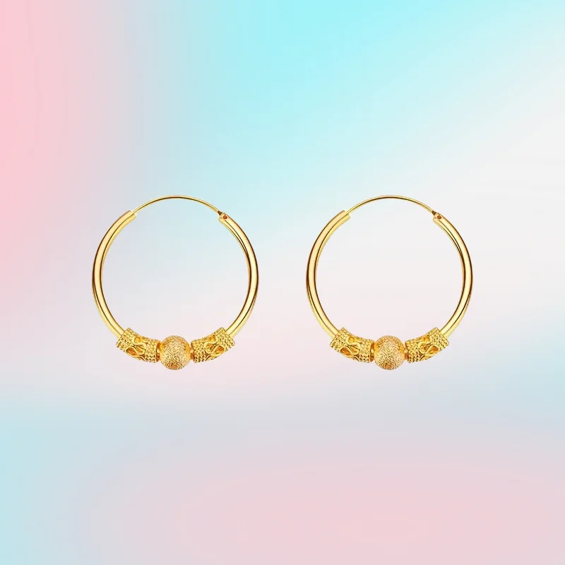 

new 9999 Real Gold 24K Design Sense Retro Transfer Bead Earrings Golden Girl Hollow Clip Bead Temperament Versatile Earrings