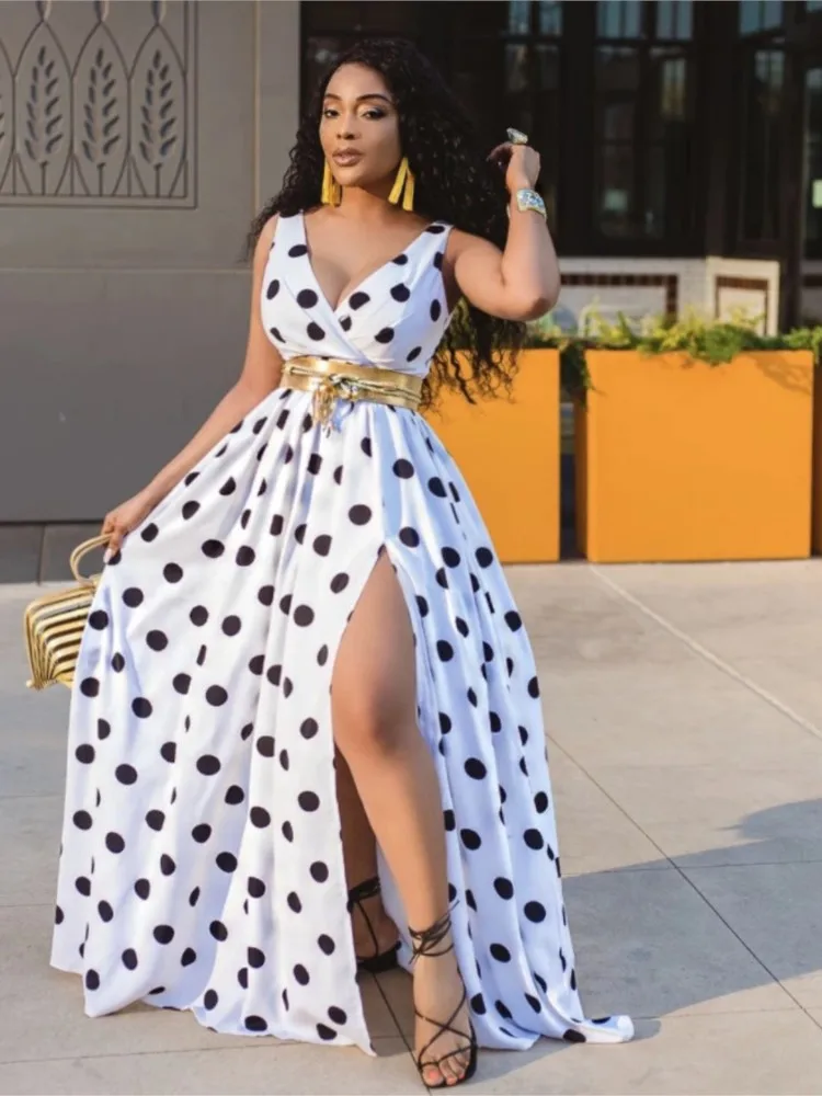 

Summer Fashion Sexy Deep V Neck Big Hem Maxi Dresses Sleeveless Dot Print Side Slit Evening Party Dress Woman Casual Sweet Dress