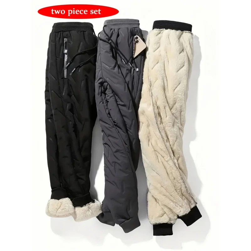 

Мужские утолщенные брюки из 2 предметов с карманами на молнии для зимы, которые можно стирать в машине, плюшевые теплые брюки до щиколотки, мужской подарок